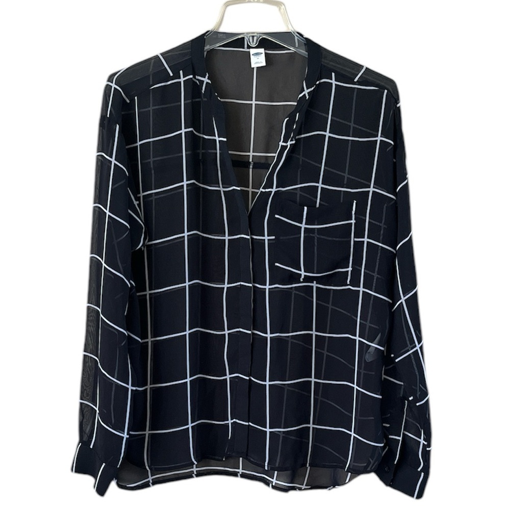 Old Navy Sheer Window Pane Button Up Blouse Black and White Size M Long Sleeves